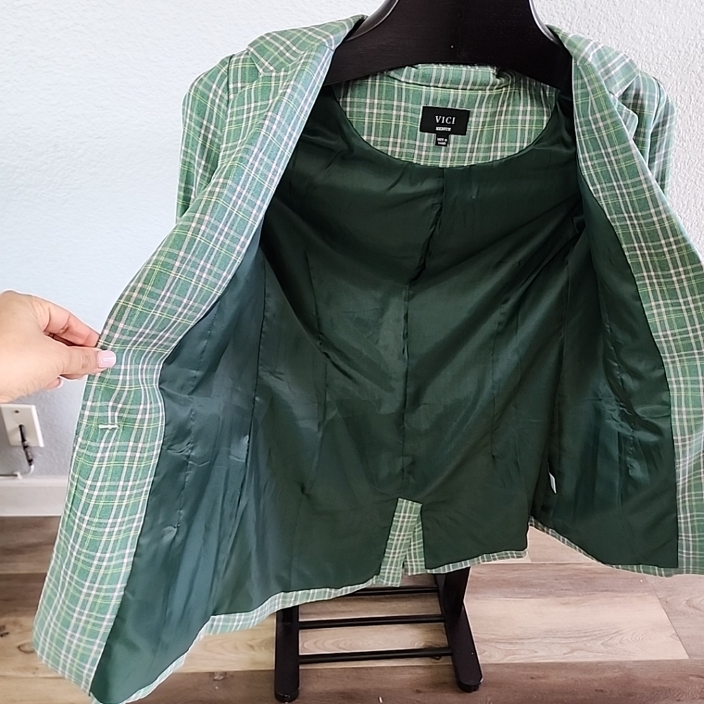 Vici Green Pink Plaid Mid Length Blazer Jacket One Button Medium - Picture 11 of 12
